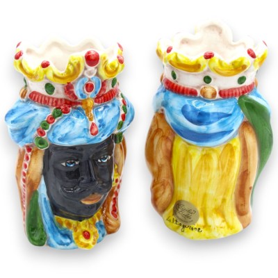 Paar Normandische Moorse hoofden in Caltagirone-keramiek h 13 / 14 cm ca. met kroon MD8 - 