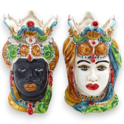 Testa di moro Siciliana, Emiri (coppia), ceramica Caltagirone h 13 / 14 cm ca.  MD17 - 