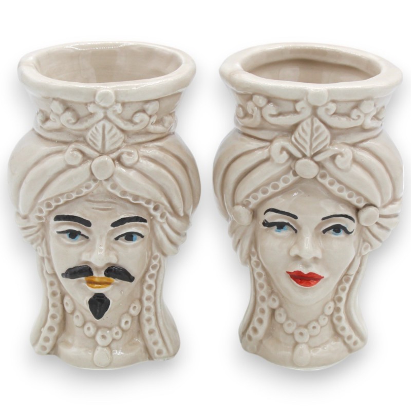 Têtes de Maures siciliens (paire) avec turban, environ 9/10 cm de haut, céramique de Caltagirone, MD3 - 