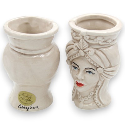 Siciliaanse Moorse hoofden (paar) met tulband, ca. 9/10 cm hoog, Caltagirone keramiek, MD3 - 