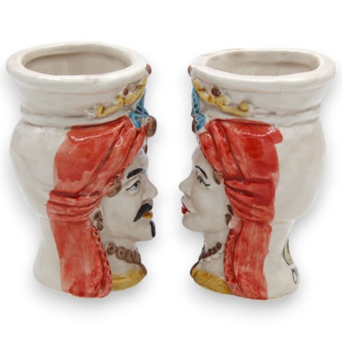Teste di moro Siciliane (coppia) Con Turbante, h 9 / 10 cm ca. ceramica Caltagirone MD4 -  2