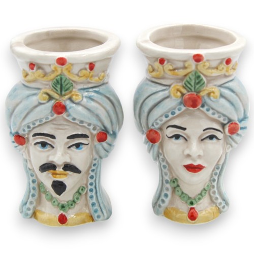 Sicilianska moriska huvuden (par) med turban, ca 9/10 cm höga, Caltagirone keramik, MD4 - 