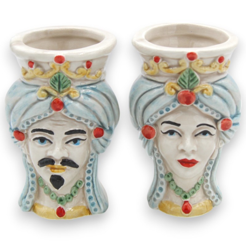 Siciliaanse Moorse hoofden (paar) met tulband, ca. 9/10 cm hoog, Caltagirone keramiek, MD4 - 