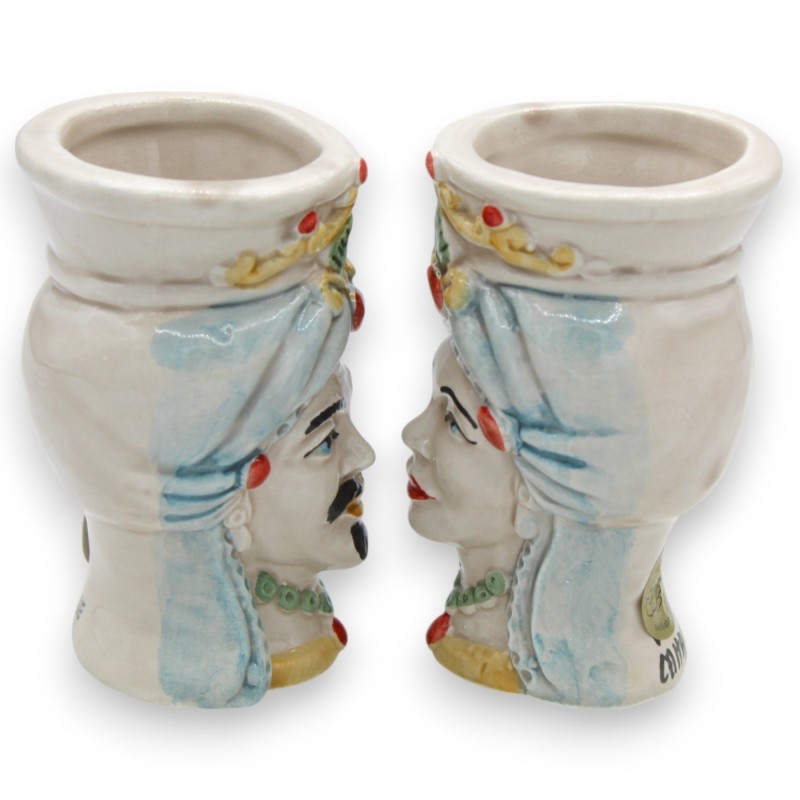 Siciliaanse Moorse hoofden (paar) met tulband, ca. 9/10 cm hoog, Caltagirone keramiek, MD4 - 