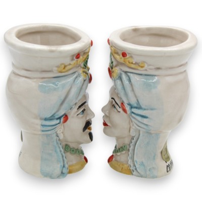 Siciliaanse Moorse hoofden (paar) met tulband, ca. 9/10 cm hoog, Caltagirone keramiek, MD4 - 