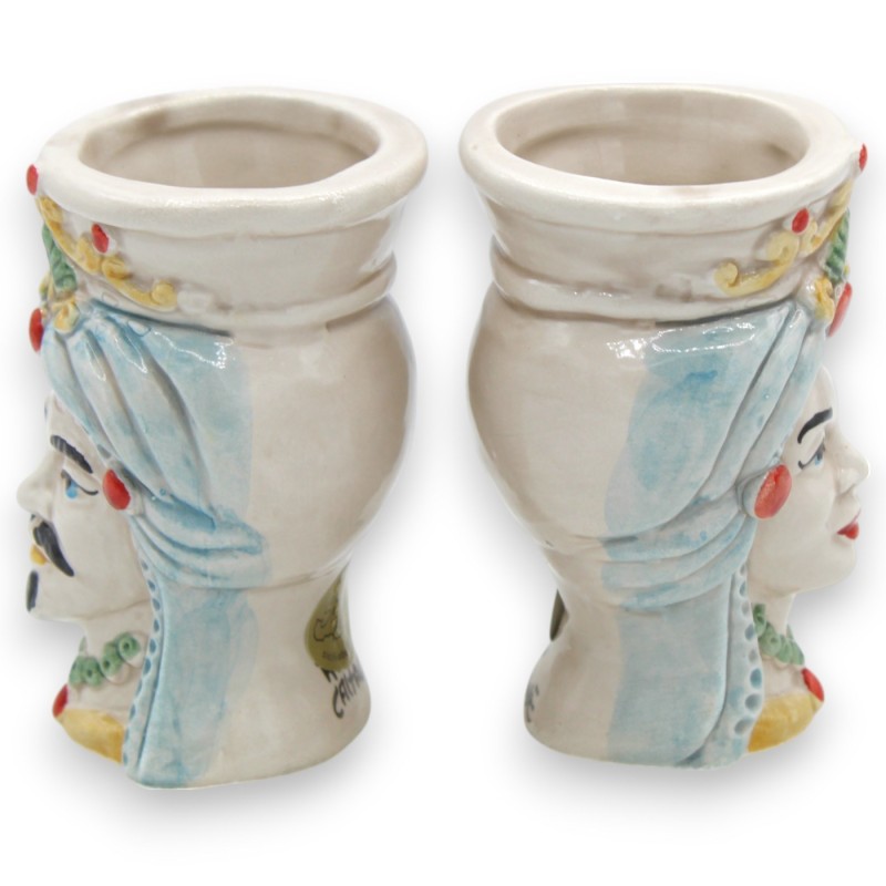 Siciliaanse Moorse hoofden (paar) met tulband, ca. 9/10 cm hoog, Caltagirone keramiek, MD4 - 
