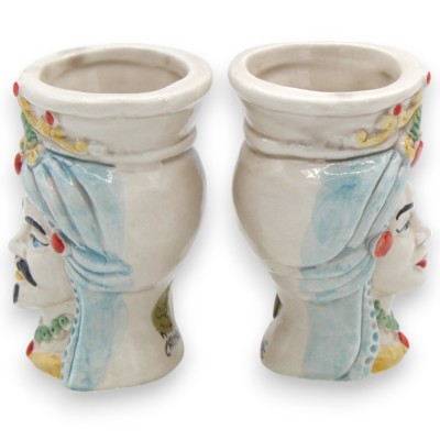 Siciliaanse Moorse hoofden (paar) met tulband, ca. 9/10 cm hoog, Caltagirone keramiek, MD4 - 
