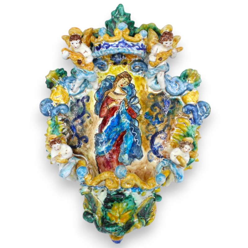 Sycylijska ceramiczna kropielnica na wodę święconą, wys. ok. 33 x 23 cm. Madonna „Rozwiązująca Węzły” i tłoczone dekorac