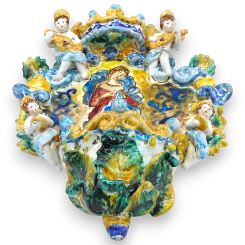 Sycylijska ceramiczna kropielnica na wodę święconą, wys. ok. 33 x 23 cm. Madonna „Rozwiązująca Węzły” i tłoczone dekorac