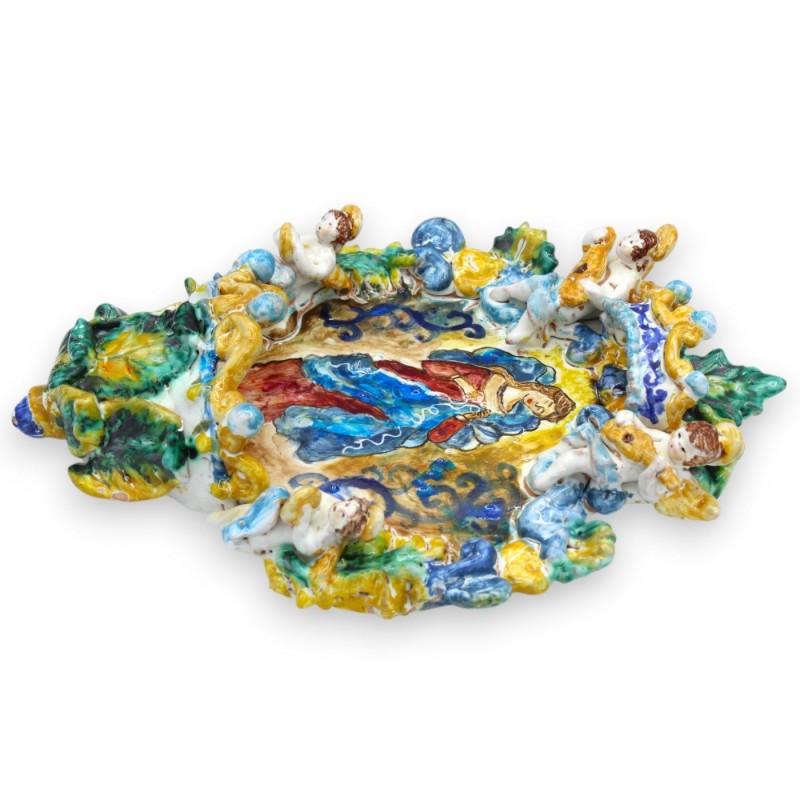 Sicilian ceramic holy water stoup, approx. 33 x 23 cm high. Madonna "Untying Knots" and embossed decorations. - 
