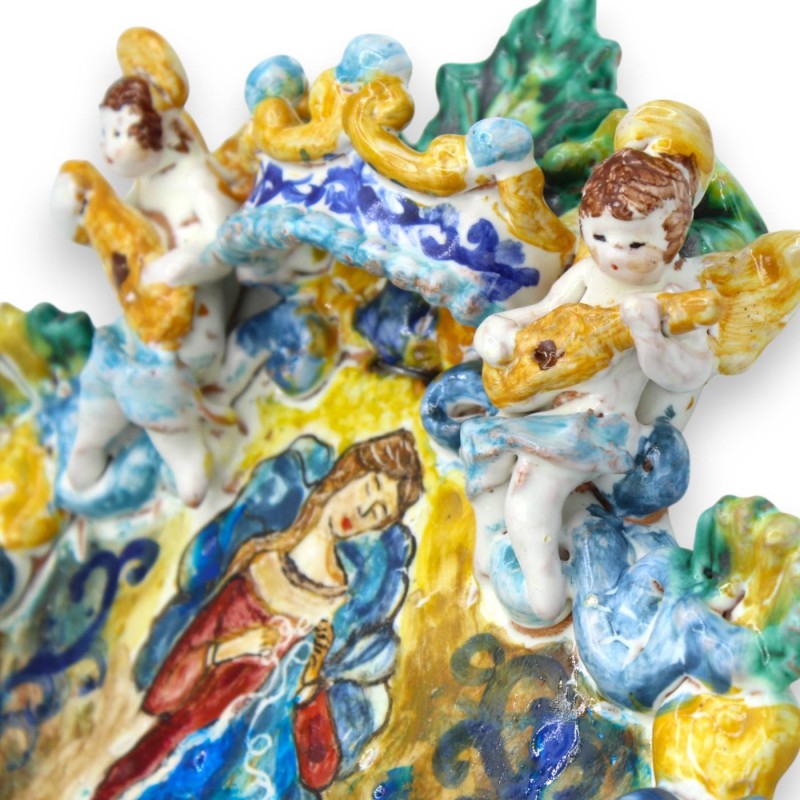 Sicilian ceramic holy water stoup, approx. 33 x 23 cm high. Madonna "Untying Knots" and embossed decorations. - 