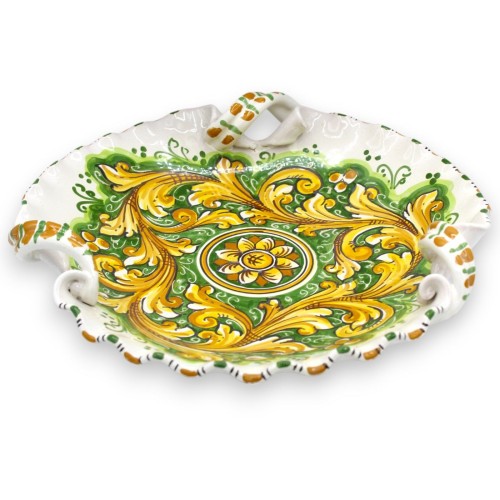 Centrotavola ceramica Caltagirone, smerlato con manici torchon, Ø 33 cm ca. decoro barocco e fiore, fondo verde - 