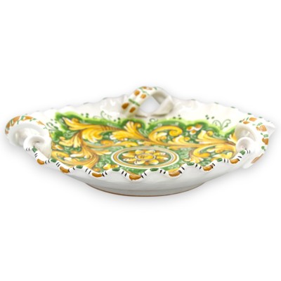 Ceramiczny element centralny z Caltagirone, z falistymi uchwytami w kształcie pochodni, Ø 33 cm ok., dekoracja barokowa 