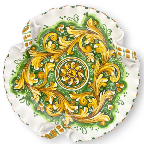 Tafelaufsatz aus Caltagirone-Keramik, gewellt mit Torchon-Griffen, Ø ca. 33 cm, Barock- und Blumendekor, grüner Hintergr 2