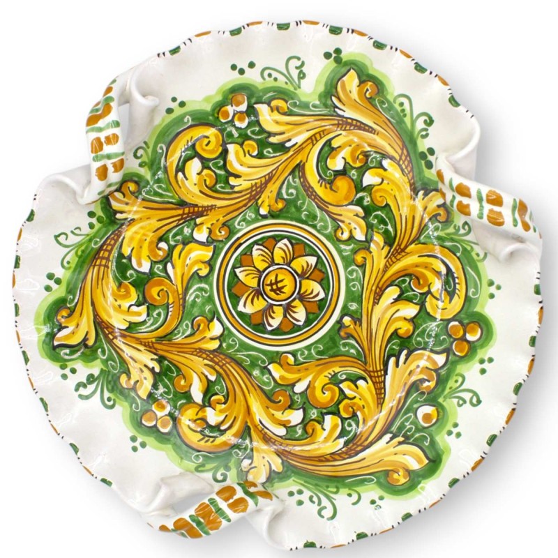 Ceramiczny element centralny z Caltagirone, z falistymi uchwytami w kształcie pochodni, Ø 33 cm ok., dekoracja barokowa 