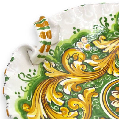 Ceramiczny element centralny z Caltagirone, z falistymi uchwytami w kształcie pochodni, Ø 33 cm ok., dekoracja barokowa 