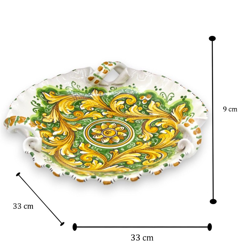 Caltagirone keramisch middelpunt, gekarteld met torchongrepen, Ø 33 cm ca., barok- en bloemendecoratie, groene achtergro