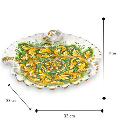 Tafelaufsatz aus Caltagirone-Keramik, gewellt mit Torchon-Griffen, Ø ca. 33 cm, Barock- und Blumendekor, grüner Hintergr