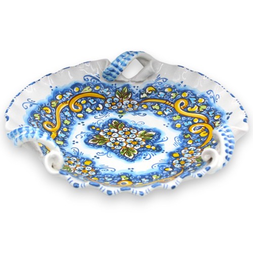 Centrotavola ceramica Caltagirone, smerlato con manici torchon, Ø 33 cm ca. decoro floreale, fondo Blu - 