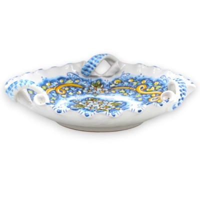 Caltagirone keramisch middelpunt, gekarteld met torchongrepen, Ø 33 cm ca., bloemendecoratie, blauwe achtergrond - 