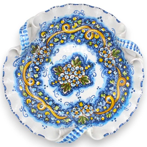 Caltagirone keramisch middelpunt, gekarteld met torchongrepen, Ø 33 cm ca., bloemendecoratie, blauwe achtergrond -  2