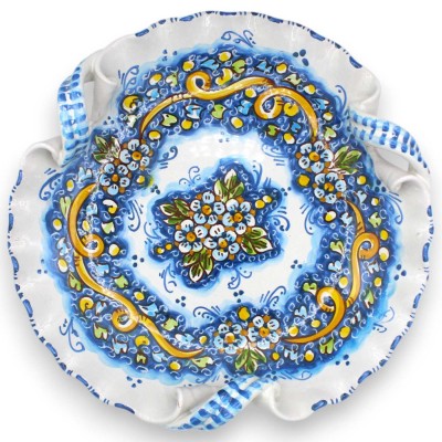 Centro de mesa de cerámica de Caltagirone, festoneado con asas de torchón, Ø 33 cm aprox., decoración floral, fondo azul