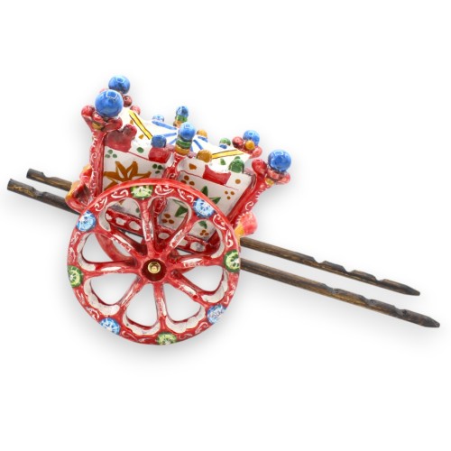 Carrinho siciliano em cerâmica Caltagirone e postes de madeira, altura 20 x 37 cm aprox. Decoração de carrinho siciliano