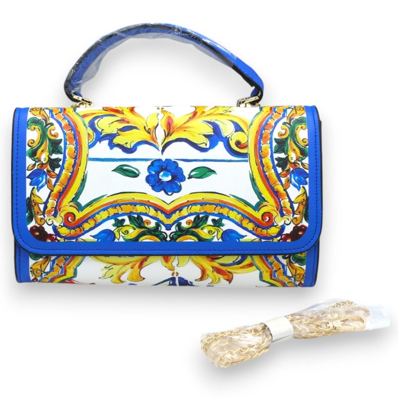Kunstleren enveloptas met handvat - ca. 24 x 25 x 7 cm, Siciliaanse majolica-decoratie, witte achtergrond - 