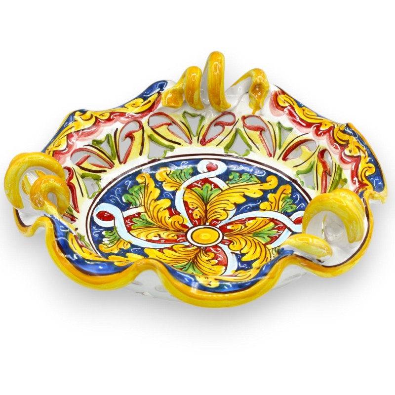 Centre de table festonné avec anses serpentines, céramique de Caltagirone, 2 tailles (1 unité) baroque et ruban, fond bl