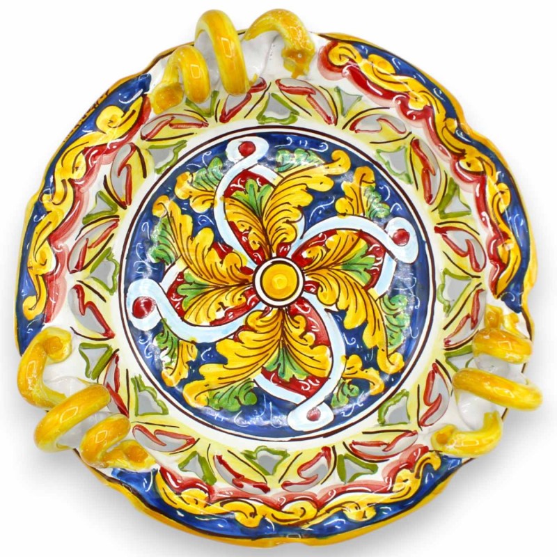 Centre de table festonné avec anses serpentines, céramique de Caltagirone, 2 tailles (1 unité) baroque et ruban, fond bl