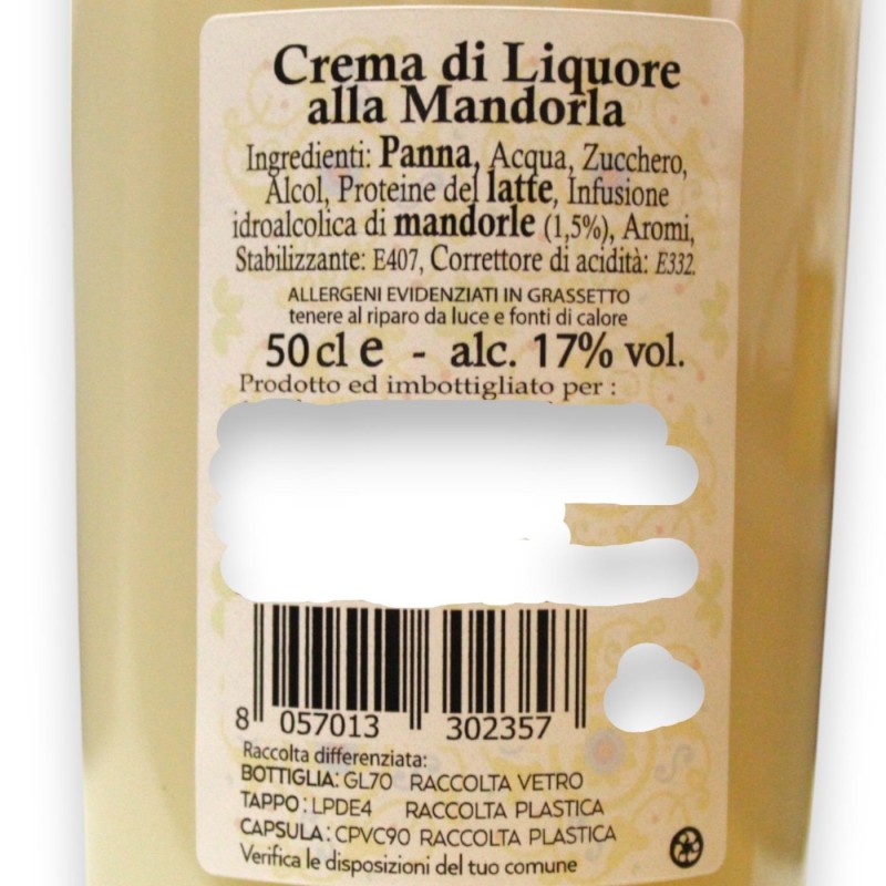 Liquore Artigianale, Crema di Mandorla Siciliana, Vol. 17% - 500 ml - 