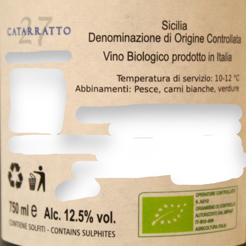 Sicilian White Wine Catarratto DOC Vol. 12.5% - 750 ml - Organic - 