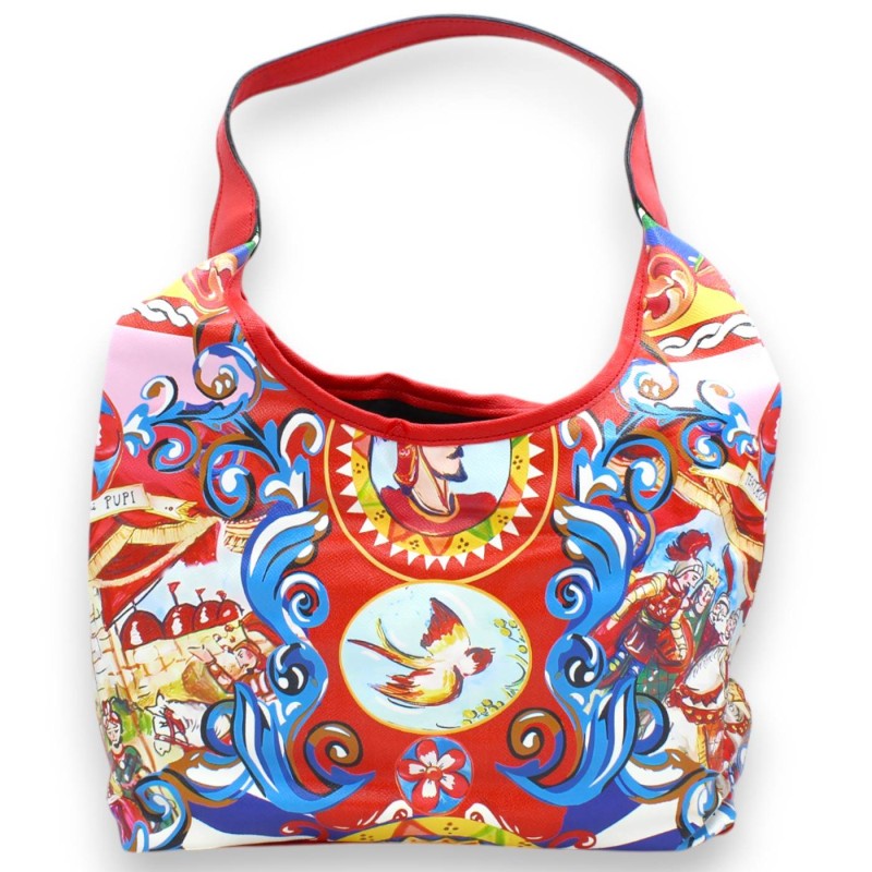 Sac bandoulière en similicuir, environ 50 x 36 cm, décor Théâtre de Marionnettes Sicilien, fond rouge - 