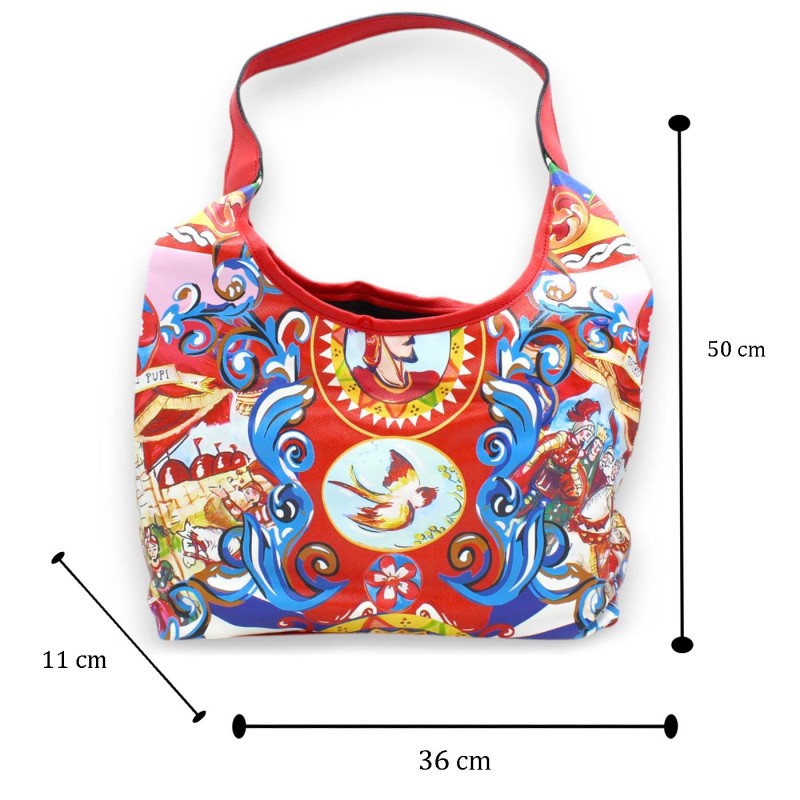 Sac bandoulière en similicuir, environ 50 x 36 cm, décor Théâtre de Marionnettes Sicilien, fond rouge - 
