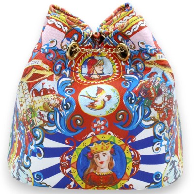 Eco-leather sack bag, approx. 17 x 22 cm, Sicilian Puppet Theatre decoration, red and blue background - 