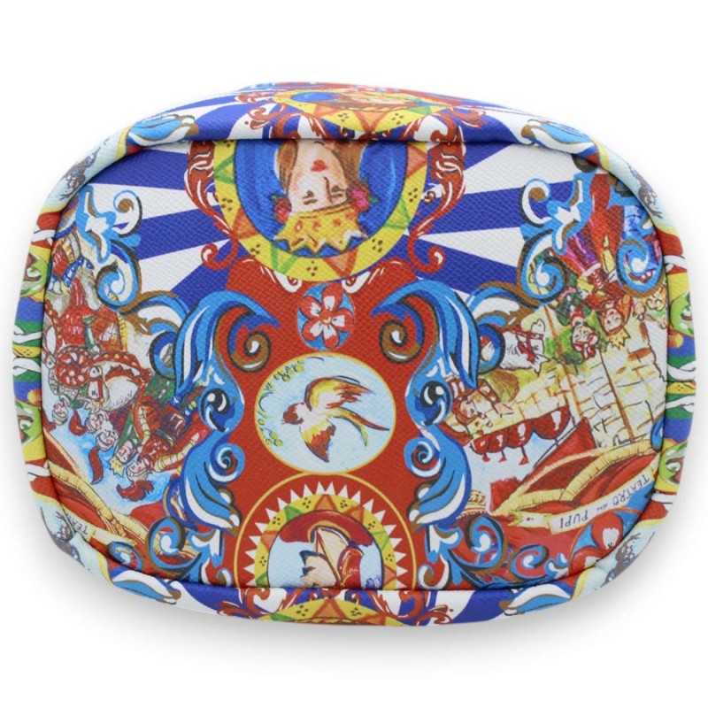Sac en éco-cuir, environ 17 x 22 cm, décor Théâtre de Marionnettes Sicilien, fond rouge et bleu - 