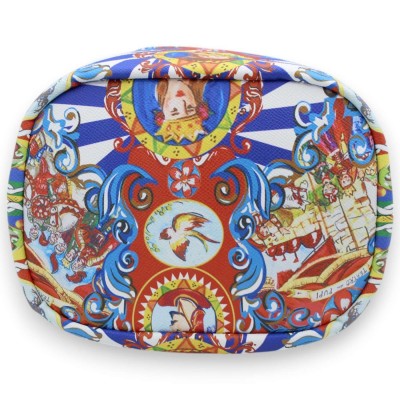 Saco de couro ecológico, aprox. 17 x 22 cm, decoração de teatro de fantoches siciliano, fundo vermelho e azul - 