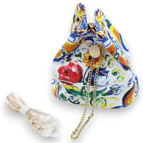 Eco-leather sack bag, approx. 17 x 22 cm, Sicilian majolica and flower decoration, white background MD1 - 