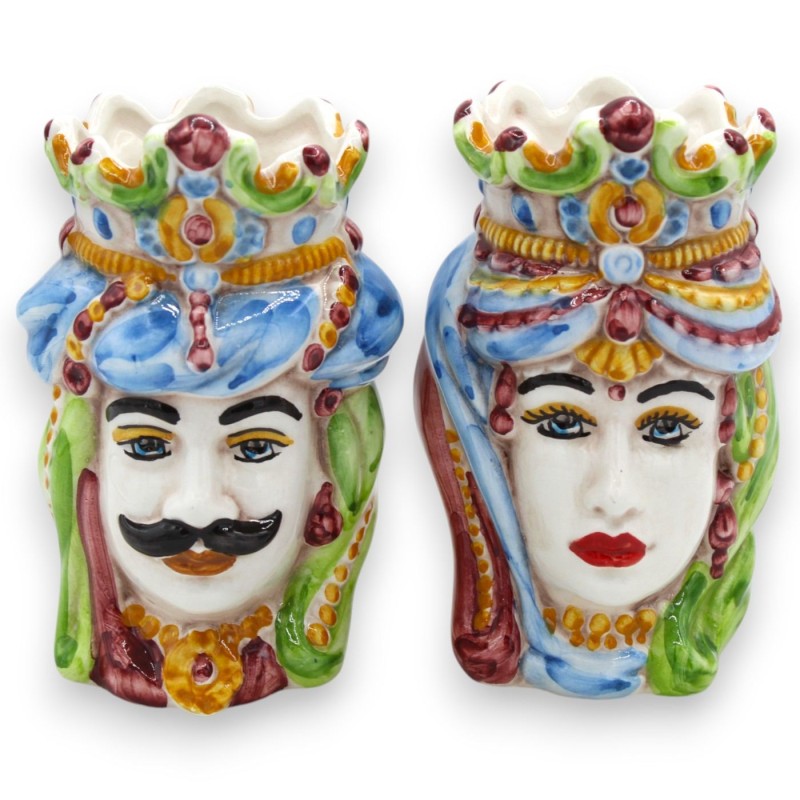 Sicilianska normandiska moriska huvuden (par) ca 13/14 cm höga, Caltagirone keramik, MD11 - 