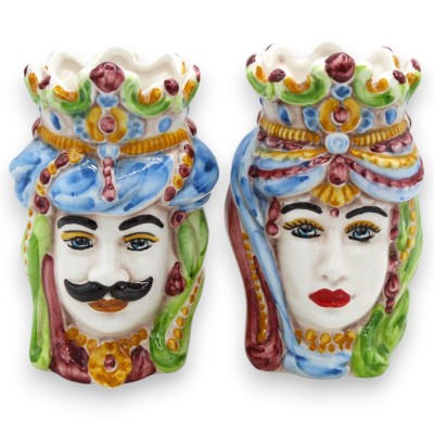 Siciliaanse Normandische Moorse hoofden (paar) ca. 13/14 cm hoog, Caltagirone keramiek, MD11 - 