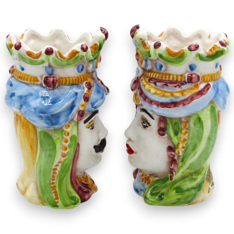 Siciliaanse Normandische Moorse hoofden (paar) ca. 13/14 cm hoog, Caltagirone keramiek, MD11 - 