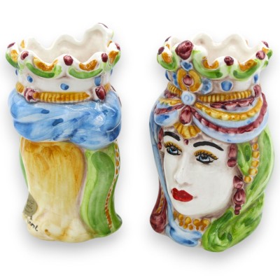 Sicilianska normandiska moriska huvuden (par) ca 13/14 cm höga, Caltagirone keramik, MD11 - 