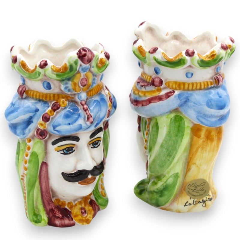 Siciliaanse Normandische Moorse hoofden (paar) ca. 13/14 cm hoog, Caltagirone keramiek, MD11 - 