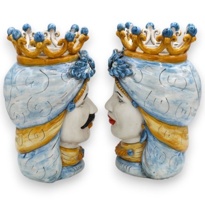 Cabezas moriscas sicilianas, aprox. 25 cm de altura (par), cerámica de Caltagirone, con corona y hojas de acanto, Azul A