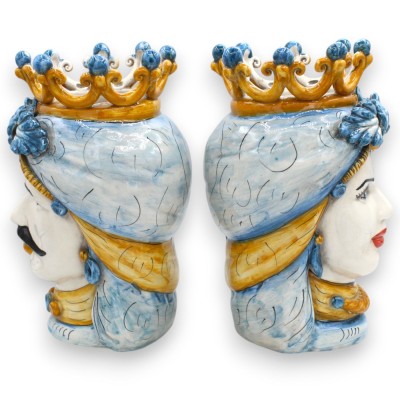 Cabezas moriscas sicilianas, aprox. 25 cm de altura (par), cerámica de Caltagirone, con corona y hojas de acanto, Azul A
