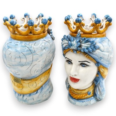 Cabezas moriscas sicilianas, aprox. 25 cm de altura (par), cerámica de Caltagirone, con corona y hojas de acanto, Azul A