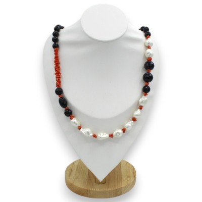 Collana di perle Scaramazze, Onice e Corallo, L 66 cm ca. Chiusura in Argento 925 placcato Oro - 