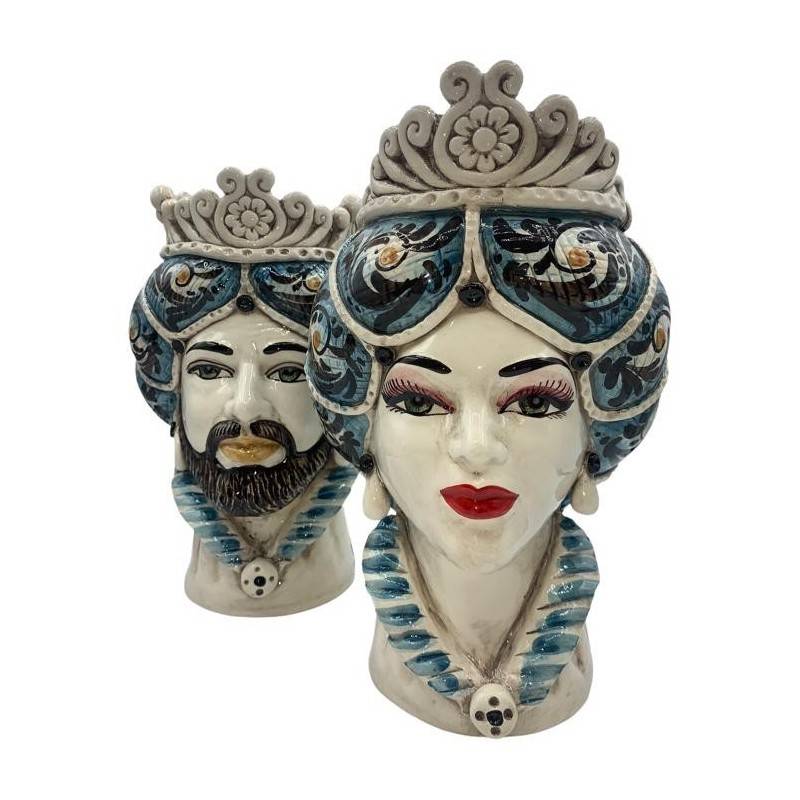 Testa di moro Siciliana ceramica Caltagirone h 30 cm ca. (1pz) Opzione Uomo o Donna Modello Normanno colore Blu e '600 -