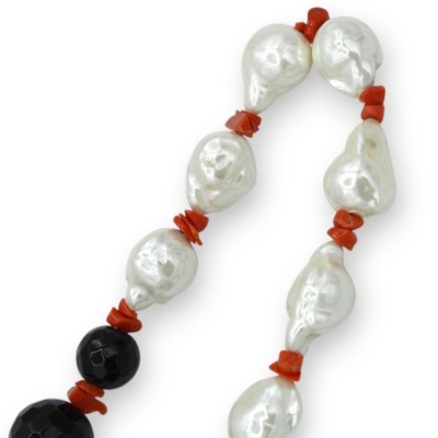 Collana di perle Scaramazze, Onice e Corallo, L 66 cm ca. Chiusura in Argento 925 placcato Oro - 