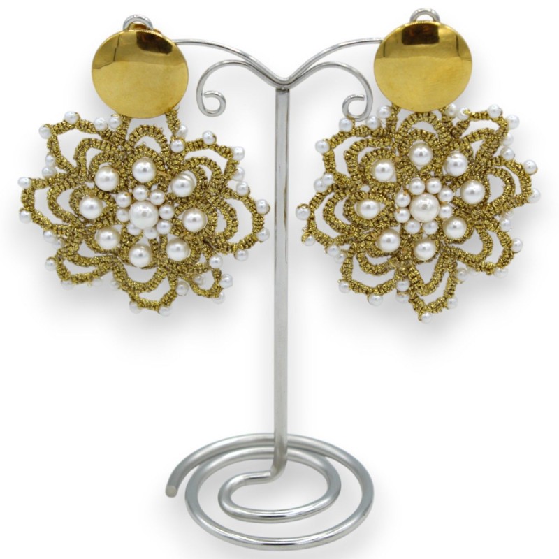 Tatting lace earrings - approx. 7 cm high with natural pearls and a brass disc hook - 